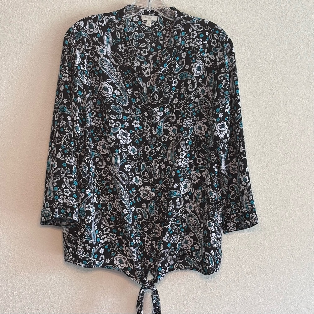 EUC Talbots Women's Black and Blue Paisley Blouse Front Button Closure SZ M